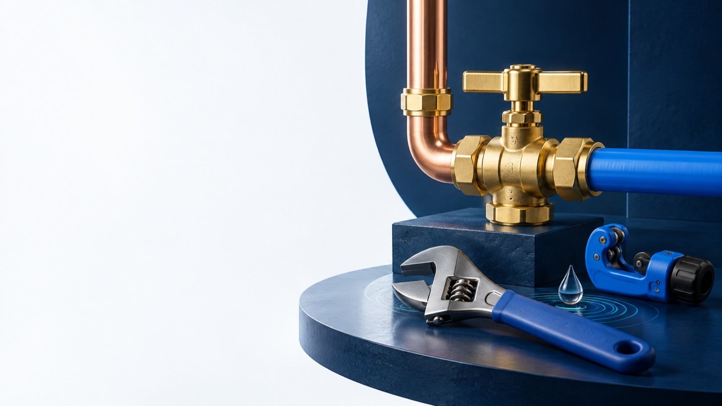 Blue-handled plumbing tools and a brass shutoff valve